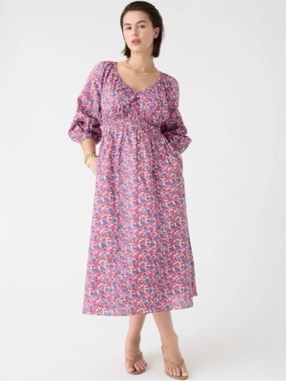 J. Crew Pink Floral Smocked-Waist Midi Dress Size M 100% Cotton Shell